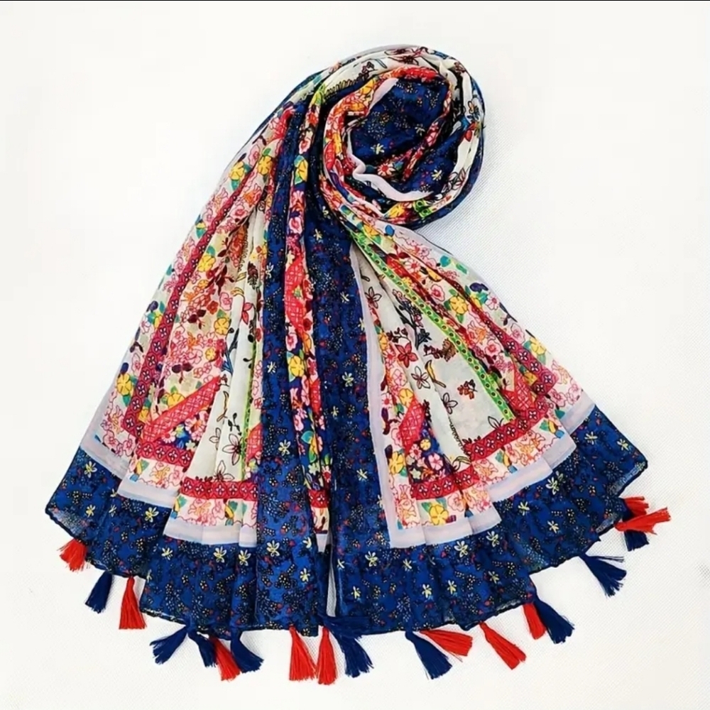 Blue trim Floral Print Scarf, shawl tassel fringe Breathable cover up